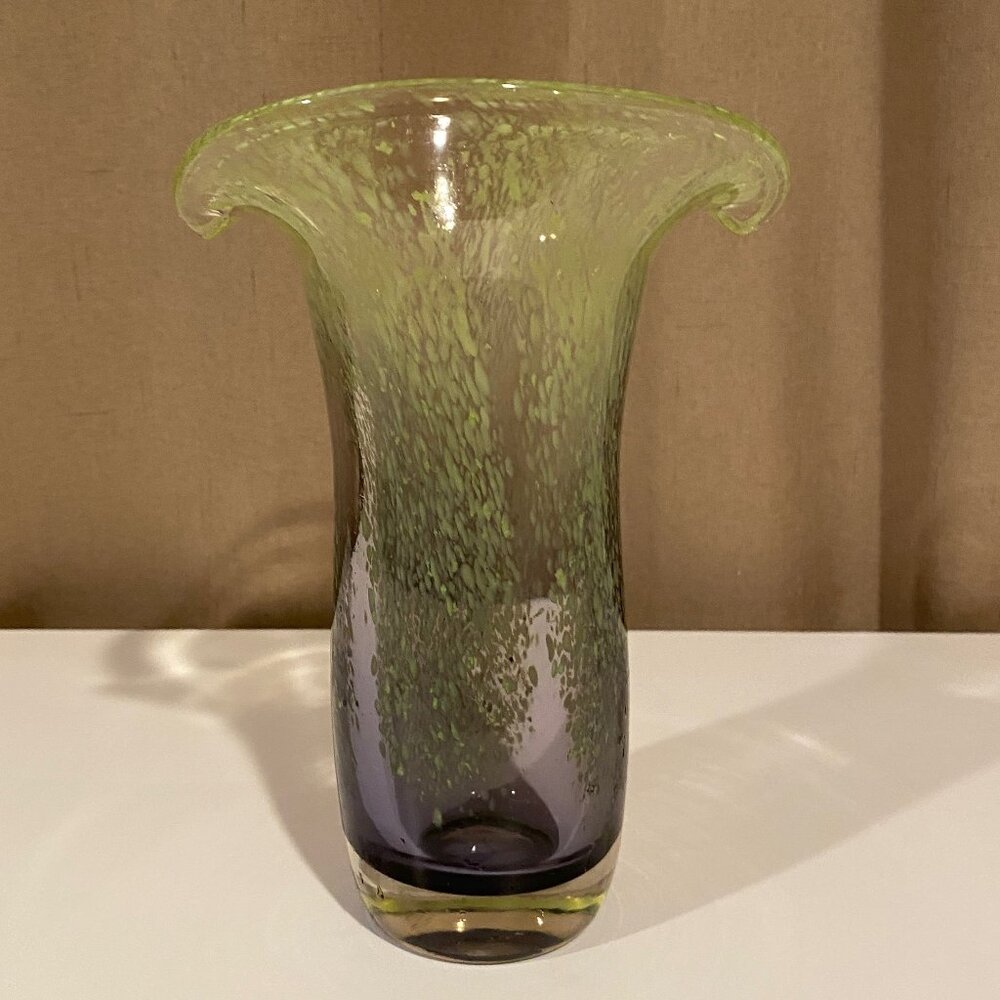Hand Blown Heavy Glass Tulip Vase Green and Purple 8" Art Glass